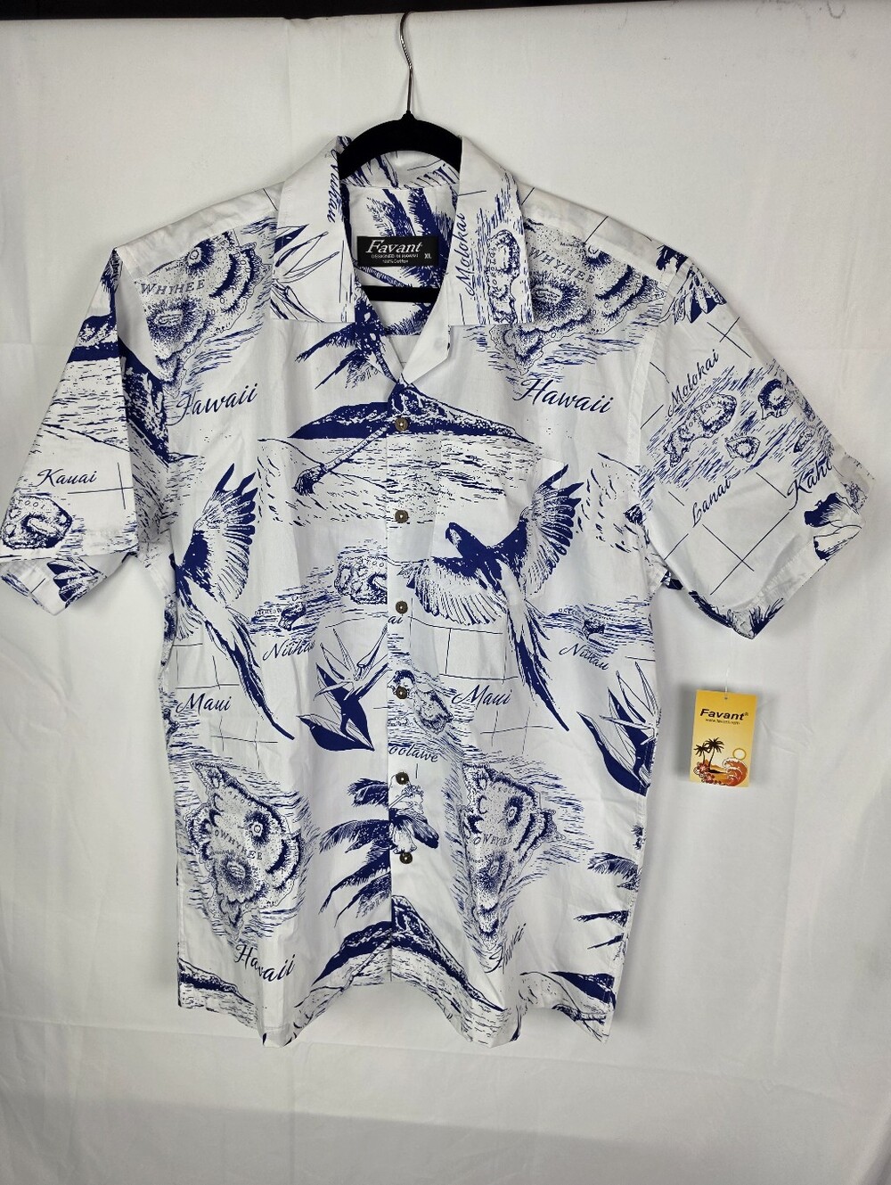 Favant Hawaiian Camp Shirt XL 100% Cotton Blue White Aloha Island Map NWT Resort